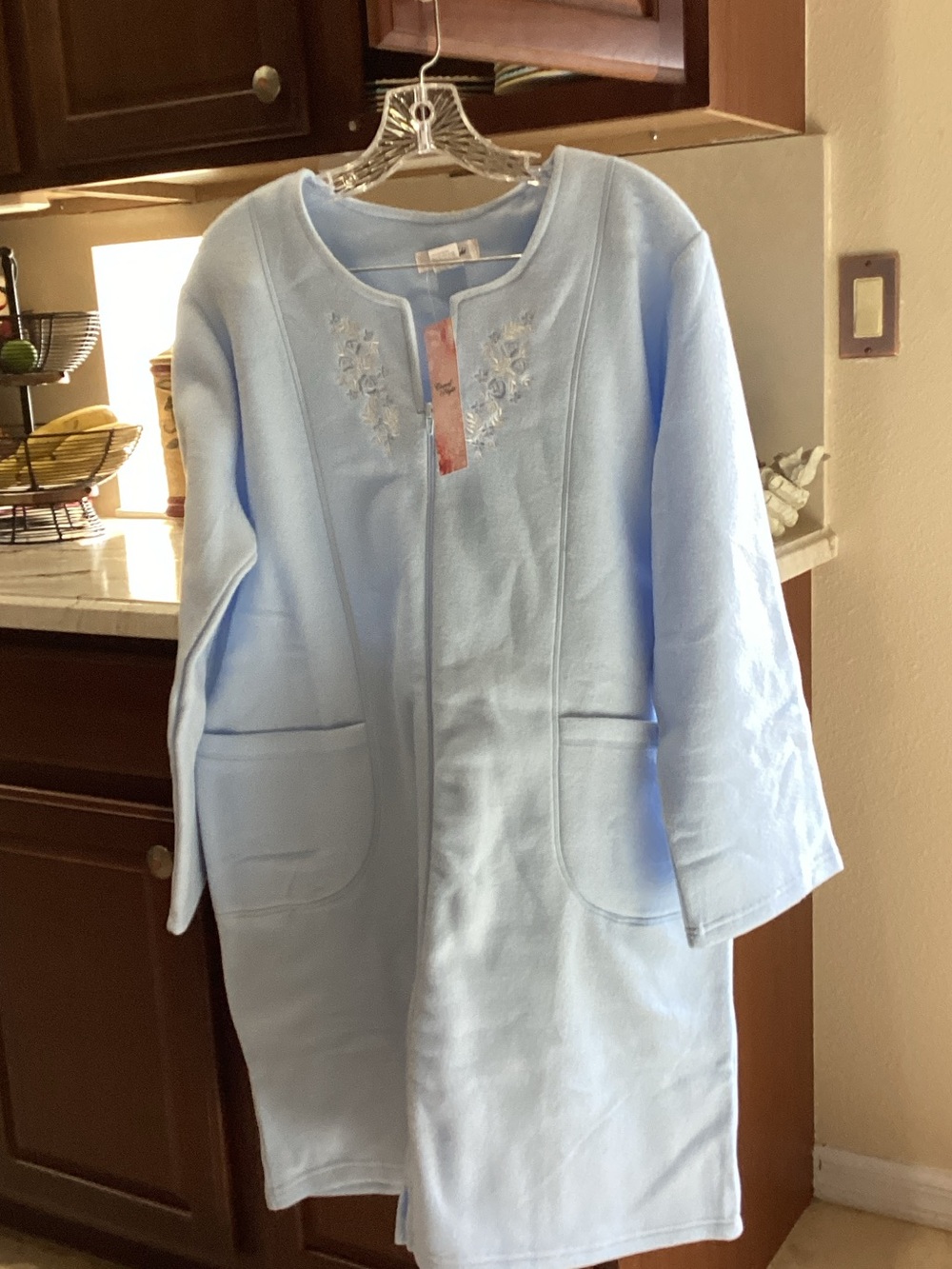 Women's Light Blue Embroidered Robe with Front Pockets